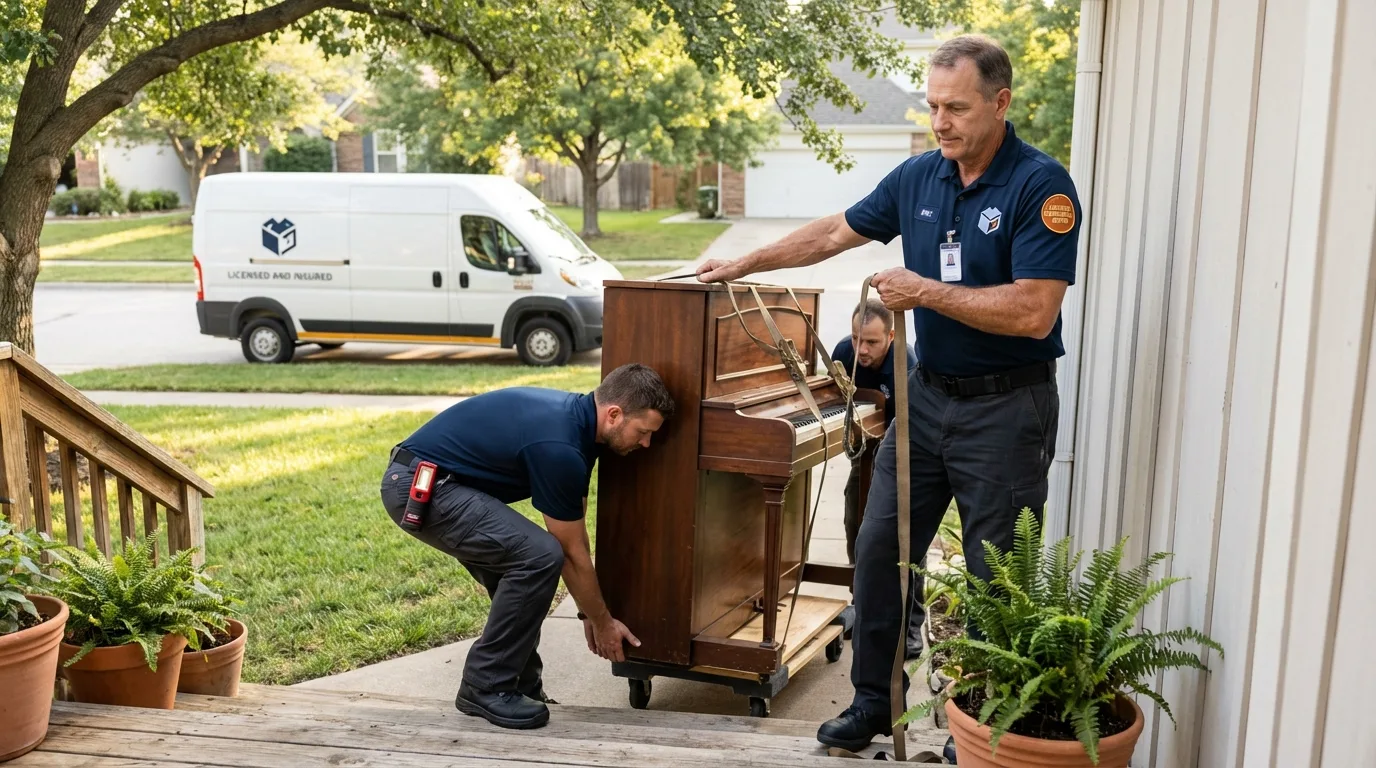 Licensed piano movers securing grand piano in Clifton, NJ