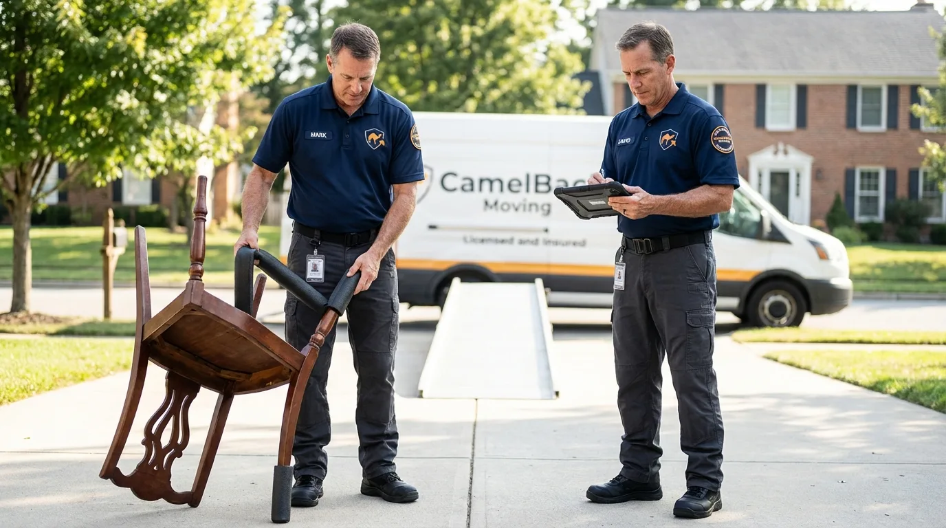 Movers inspecting furniture for damage prevention before loading in Clifton, NJ